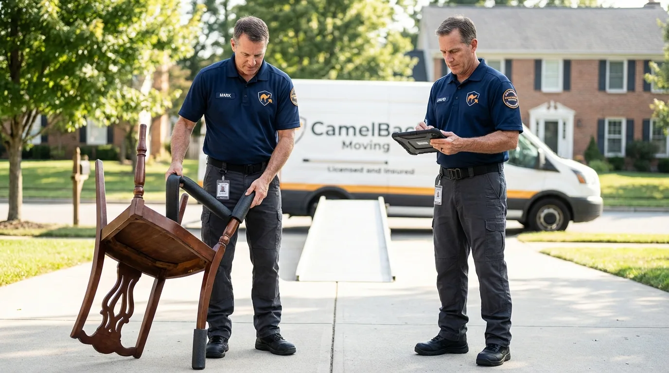 Movers inspecting furniture for damage prevention before loading in Stamford, CT