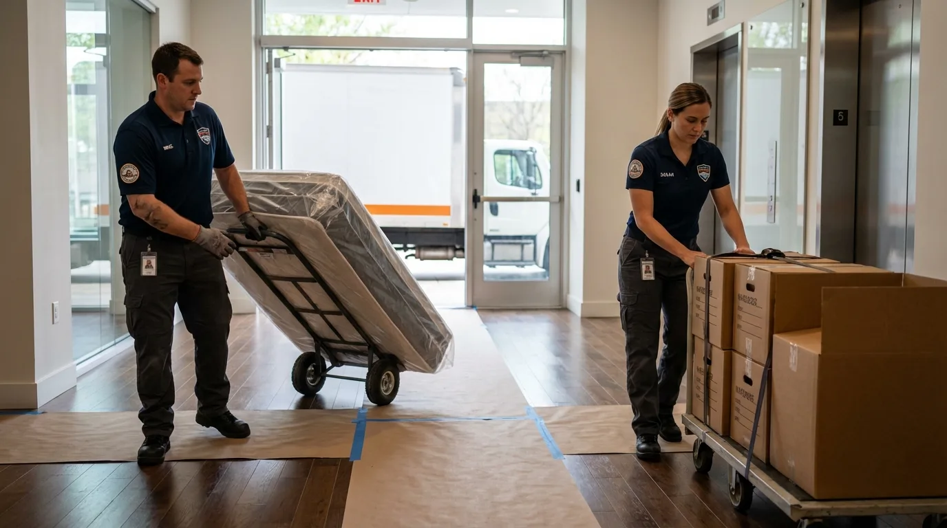 Professional apartment movers loading elevator in Stamford, CT